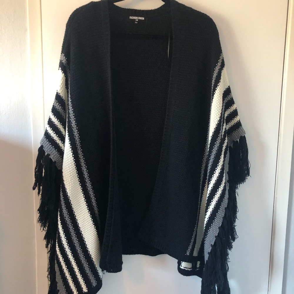 Striped poncho with fringe
